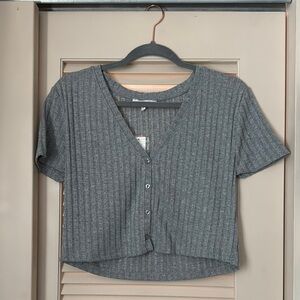 Gray Ribbed Button-Up Women's Top